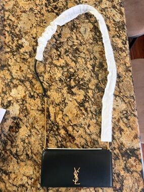 Saint Laurent Black Leather Crossbody Wallet with Gold YSL Logo- BRAND NEW